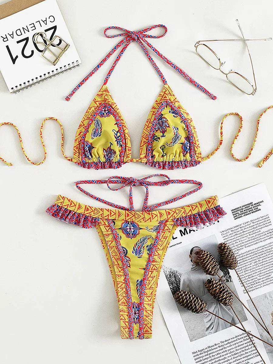 Floral Print Halter Ruffle Frilled Bikini
