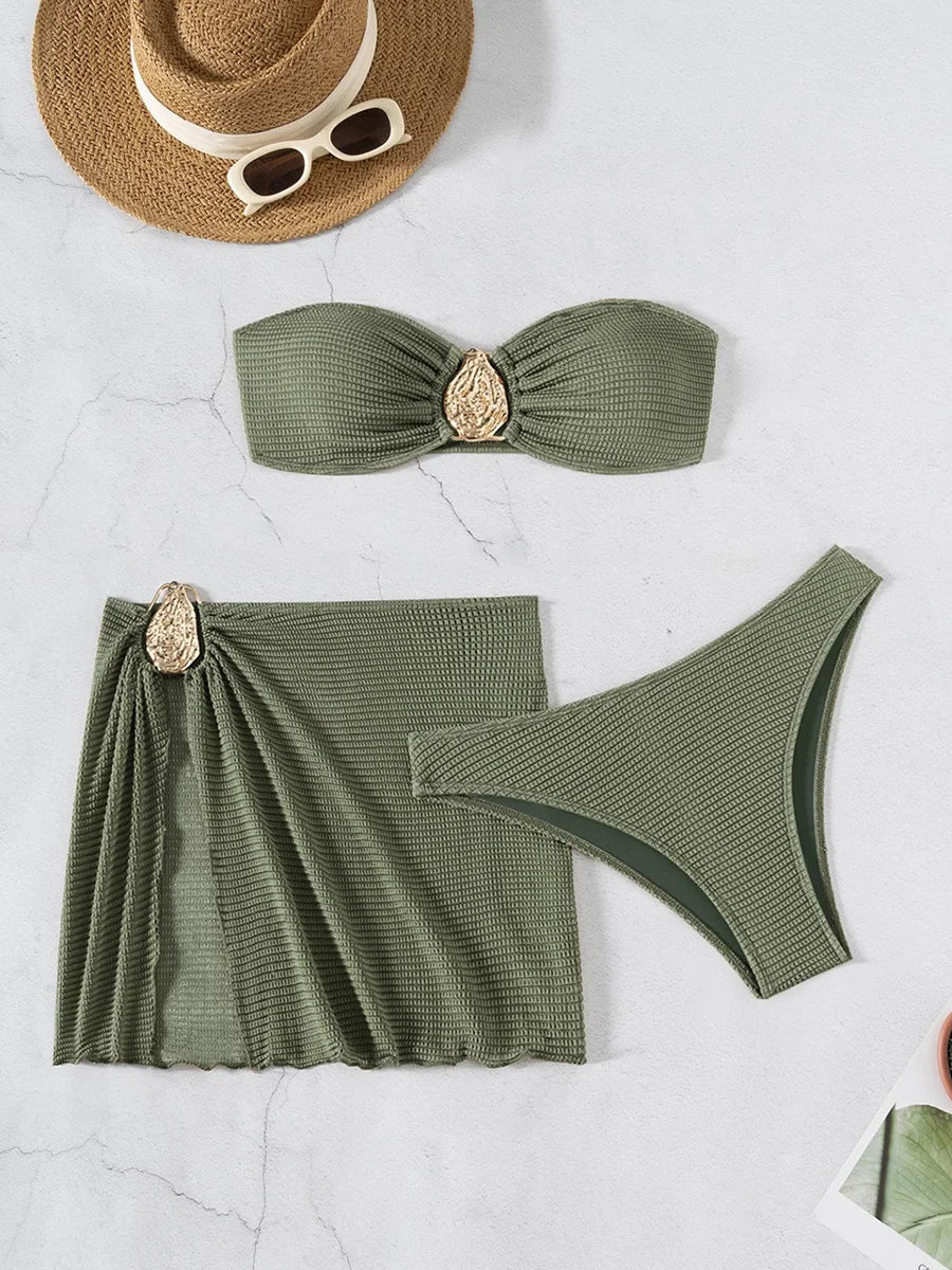 With Skirt Wrinkled Bandeau Bikini