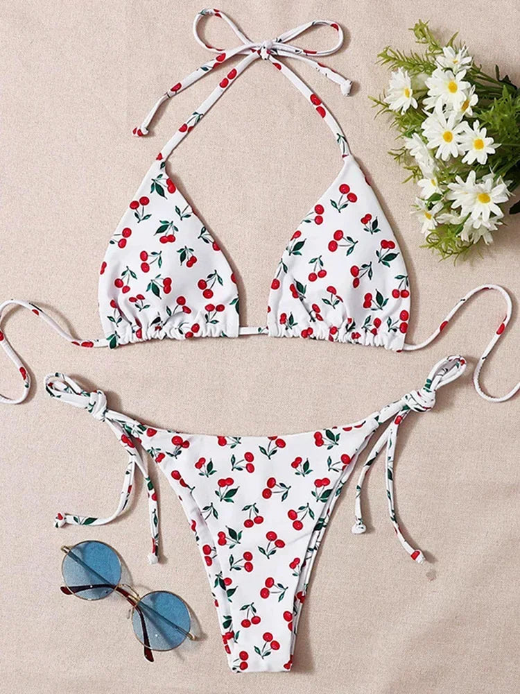 With Mesh Skirt Cherry Printed Bikini