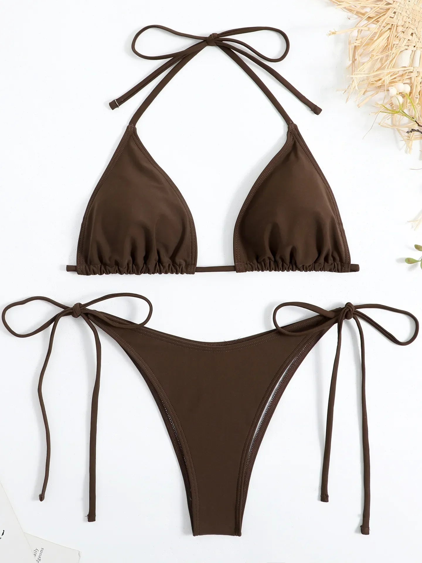 Solid Red Halter Push Up Bra Tie Side Triangle Swimsuit