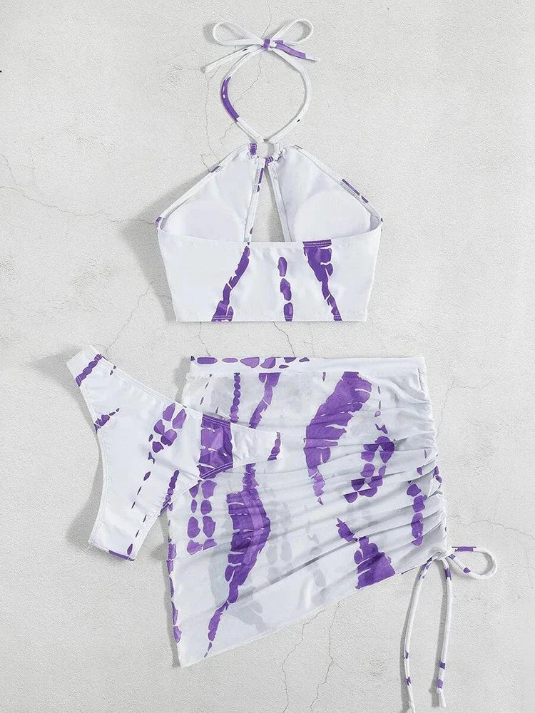 3PCS With Mesh Skirt Halter Bikini