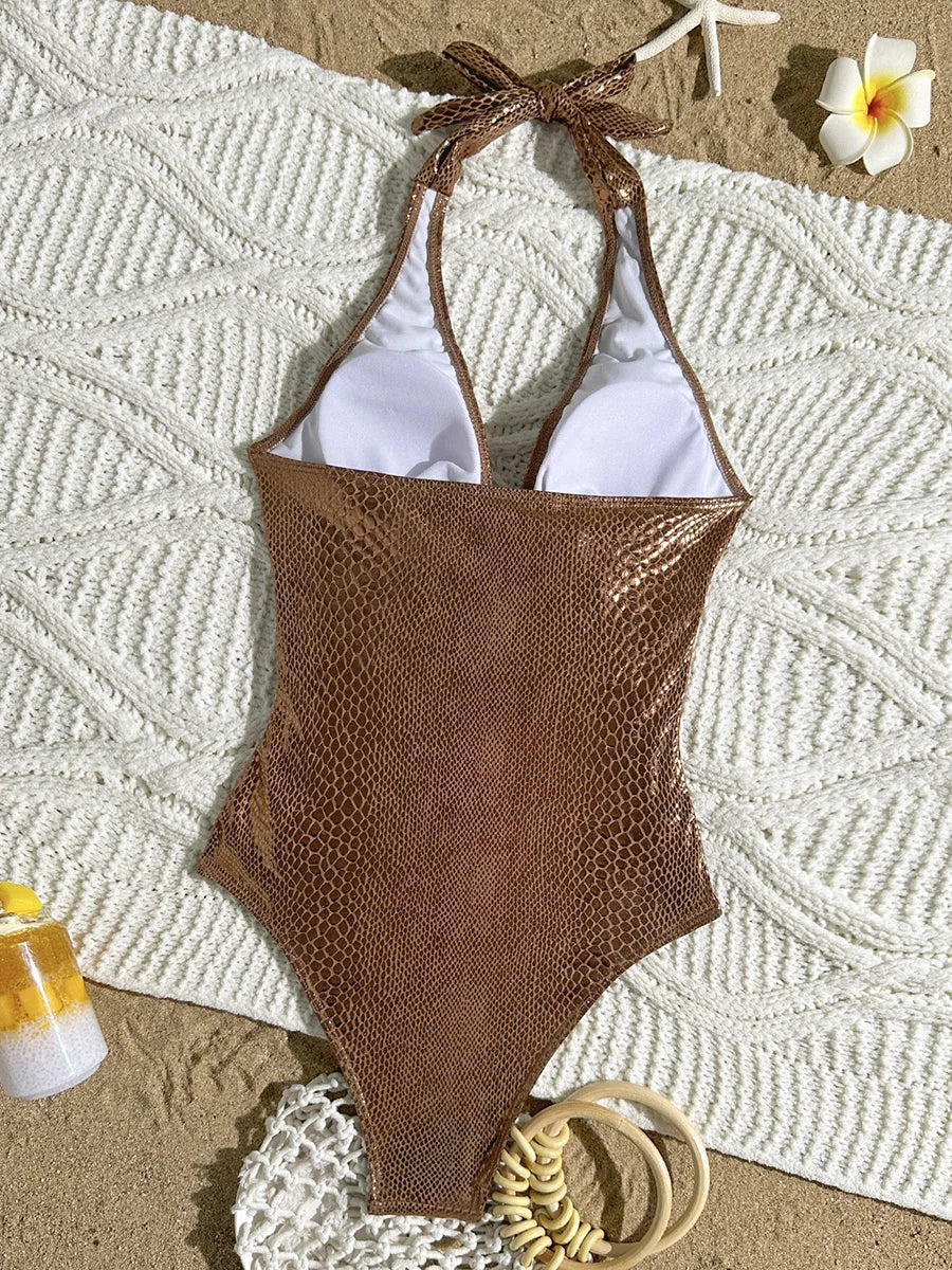 SnakeSkin Halter V Neck Backless Female Swimwear One Piece Swimsuit