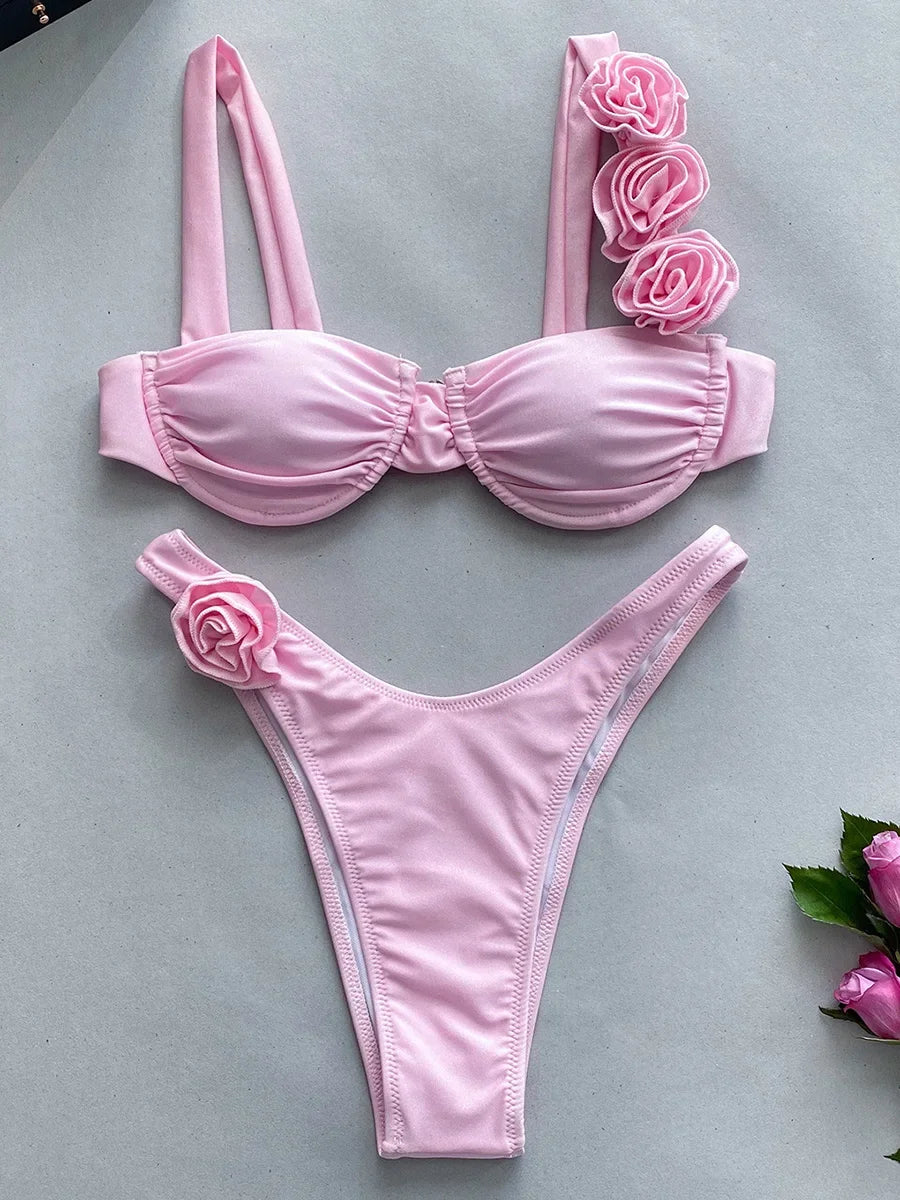 Sexy 3D Flowers Underwired Brazilian Bikini