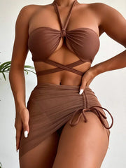 3 PCS Mesh Skirt Halter Wrap Around Bikini