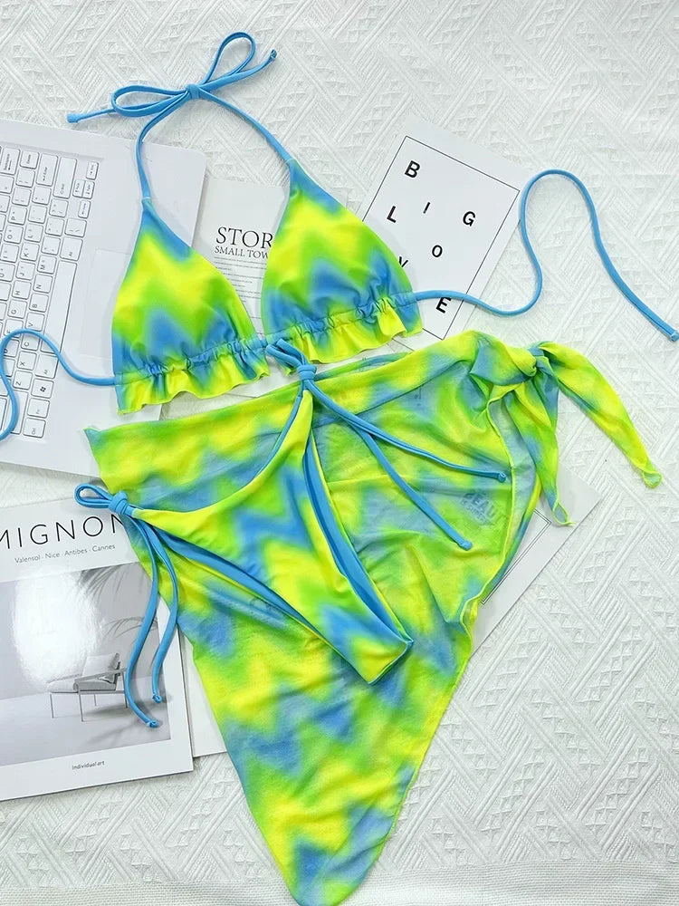 With Sarong Halter Ruffled Tie Dye Bikini