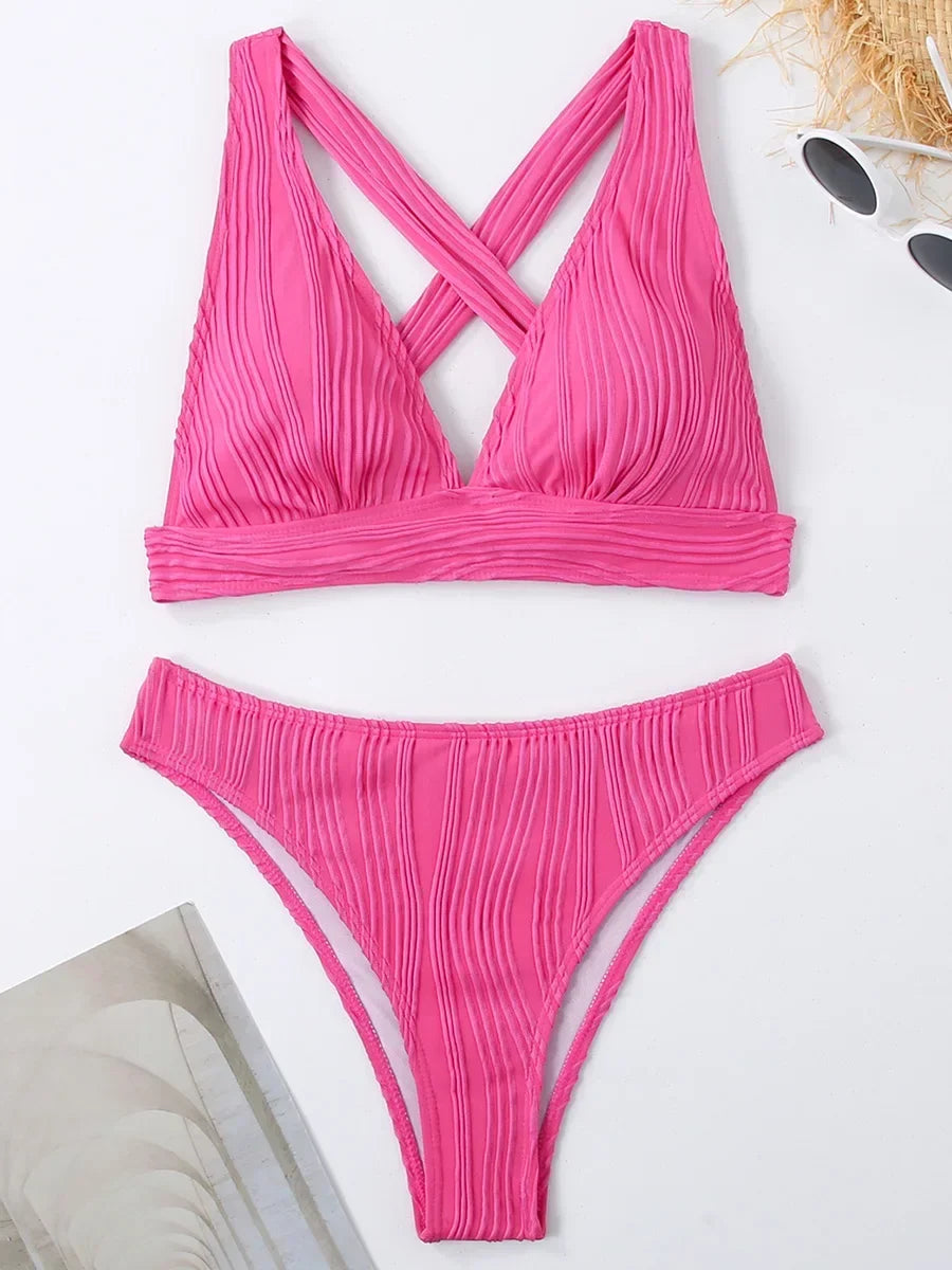 Wrinkled Crinkled Cross Back Bikini