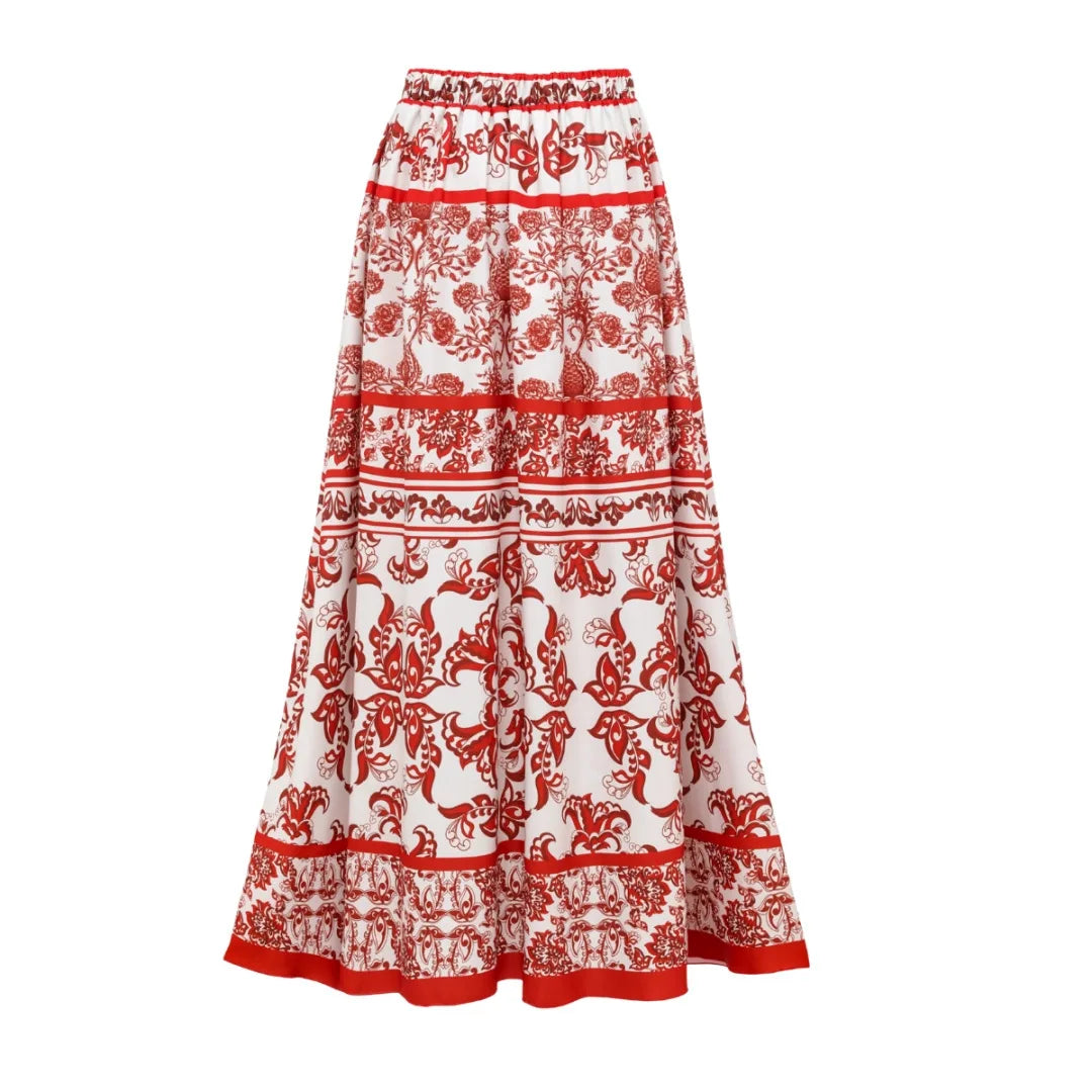 Red Ethnic Style Floral Print Bikini Set