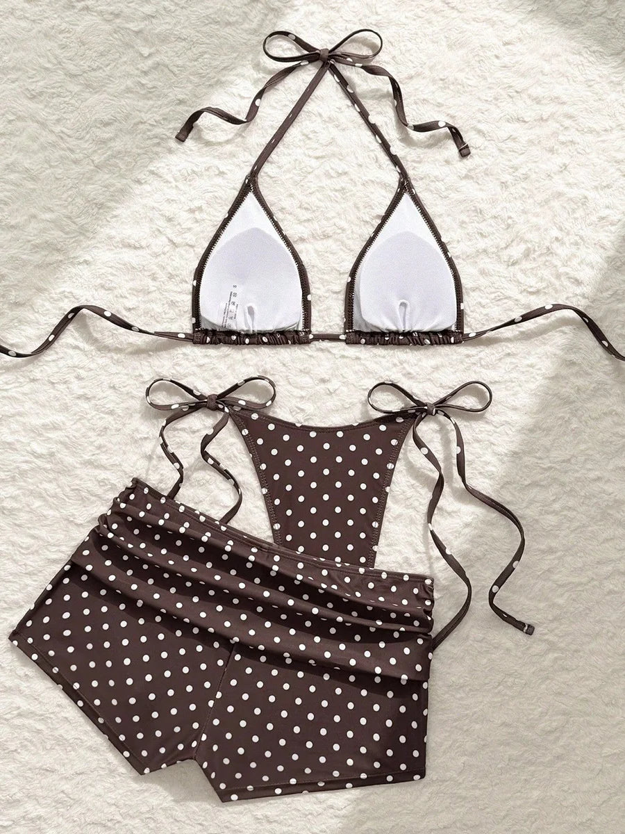 With Shorts Polka Dot Halter Mini Micro Thong Bikini