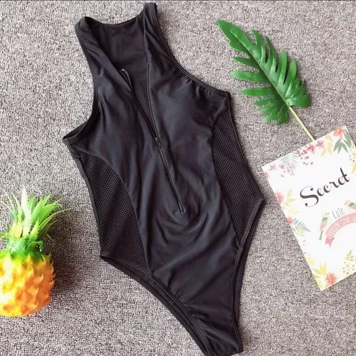 Sexy Splicing Mesh Zipper Female Swimwear One Piece Swimsuit
