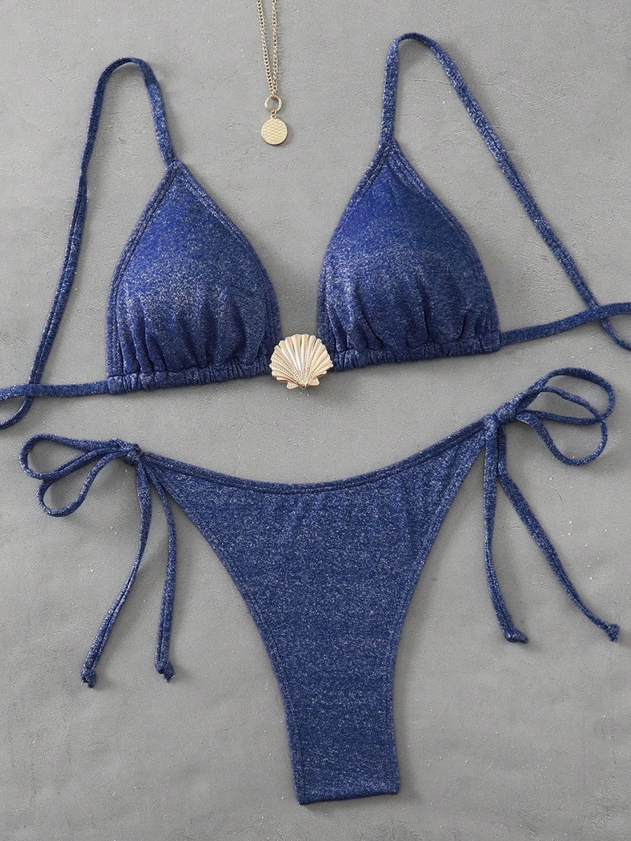 Glitter Sparkling Metal Shell Halter Bikini