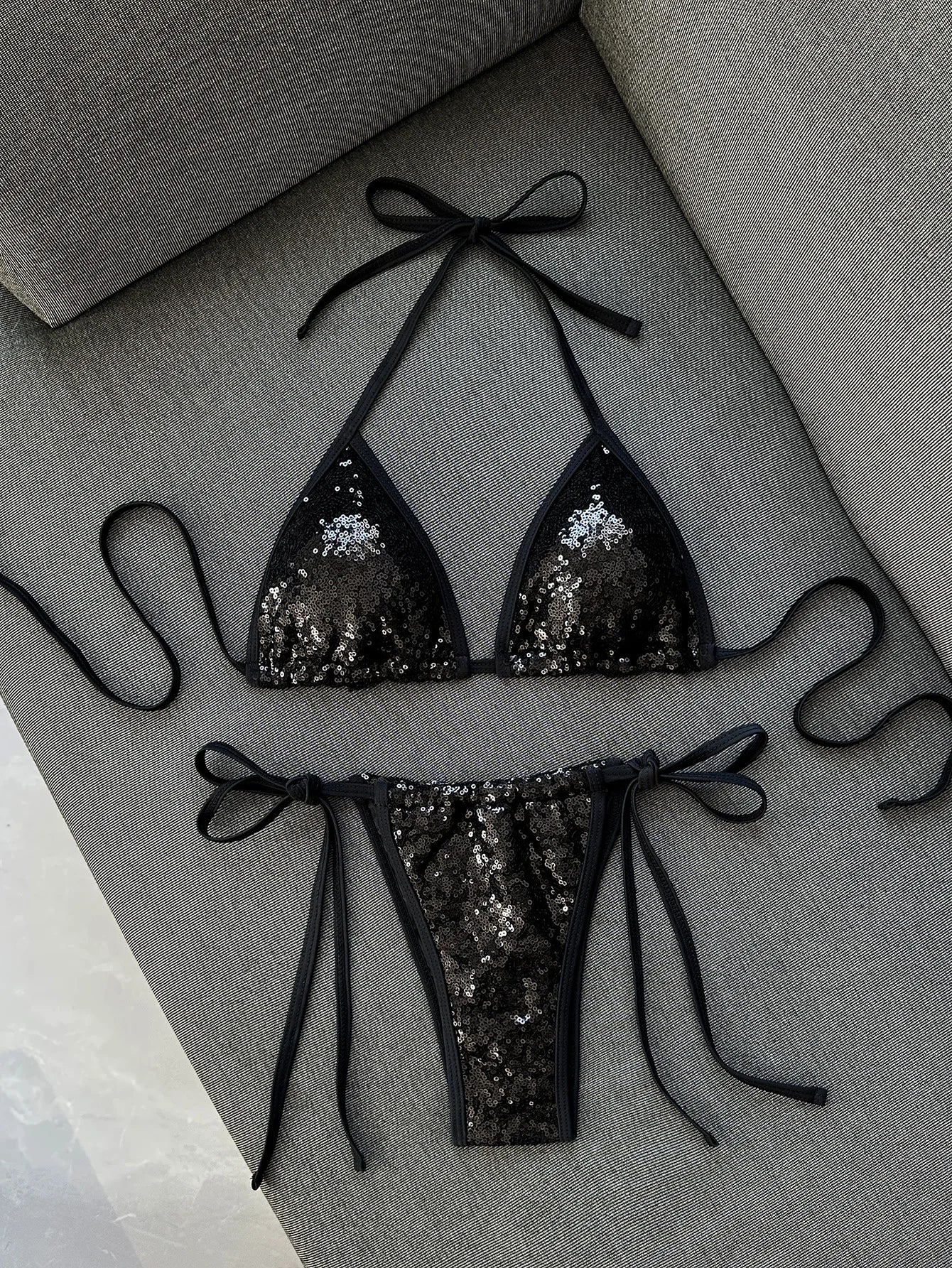 Shiny Sequin Black Pink Micro Bikini