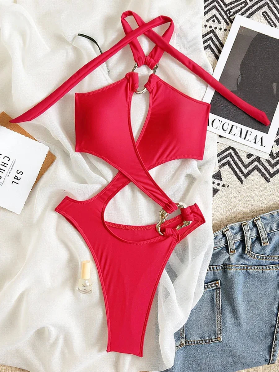 Sexy Tummy Cut Out Halter Women Thong Swimwear One Piece Swimsuit