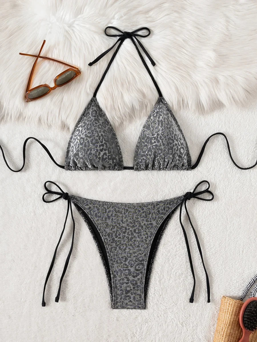 Glitter Sparkling Leopard Halter Strappy Bikini