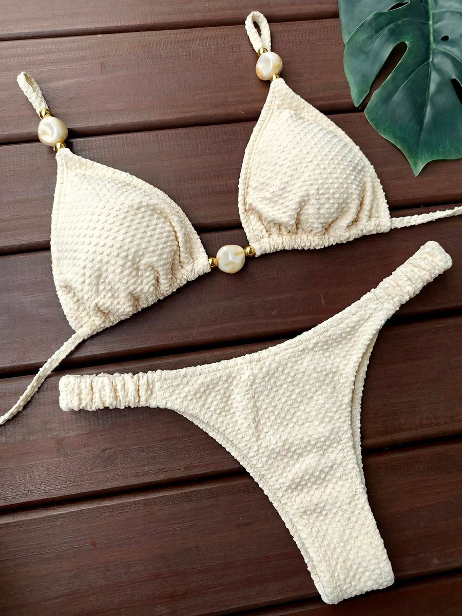 Wrinkled Crinkled Halter Beads Bikini