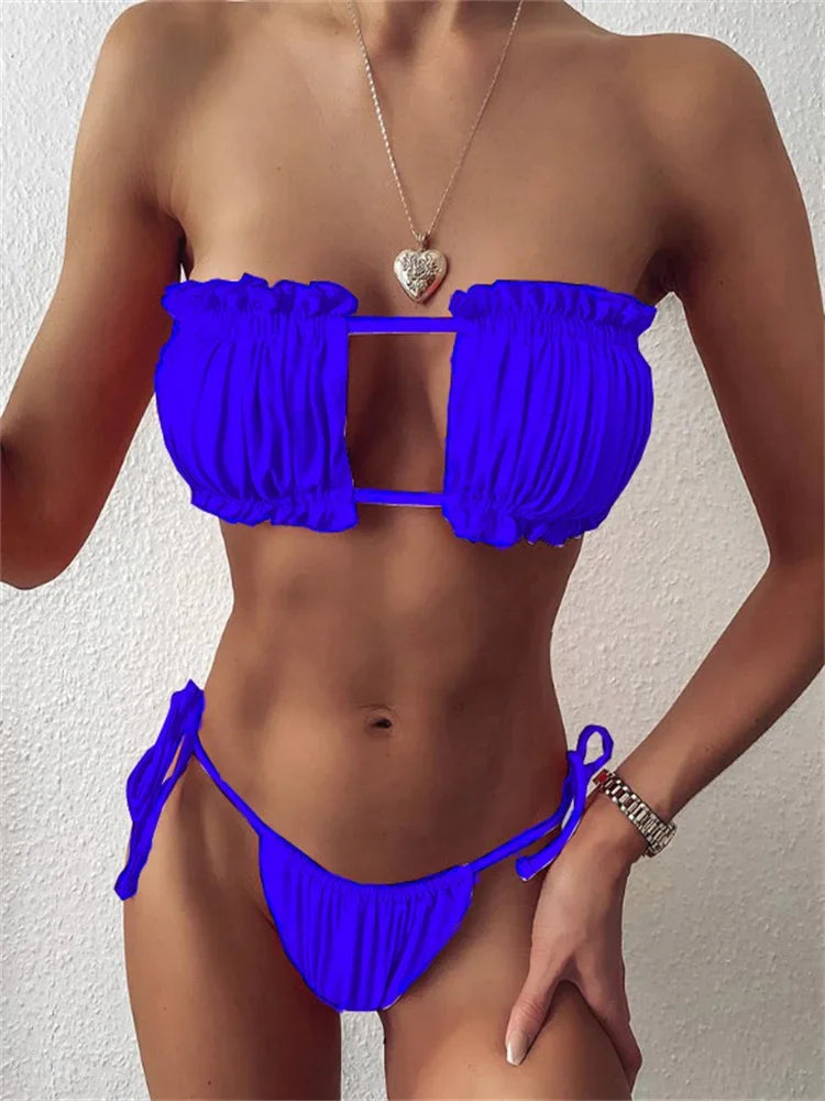 Elegant Purple Swimwear Women Sexy Off Shoulder Pleate Bikini