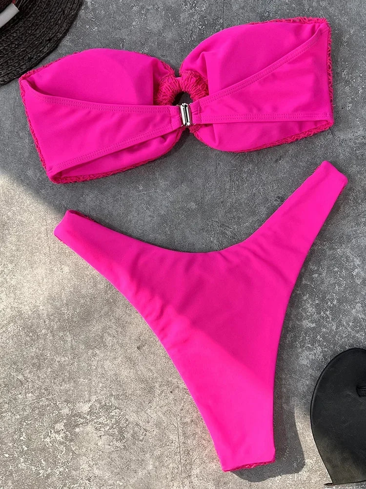 Wrinkled Fishnet Strapless Bandeau Bikini