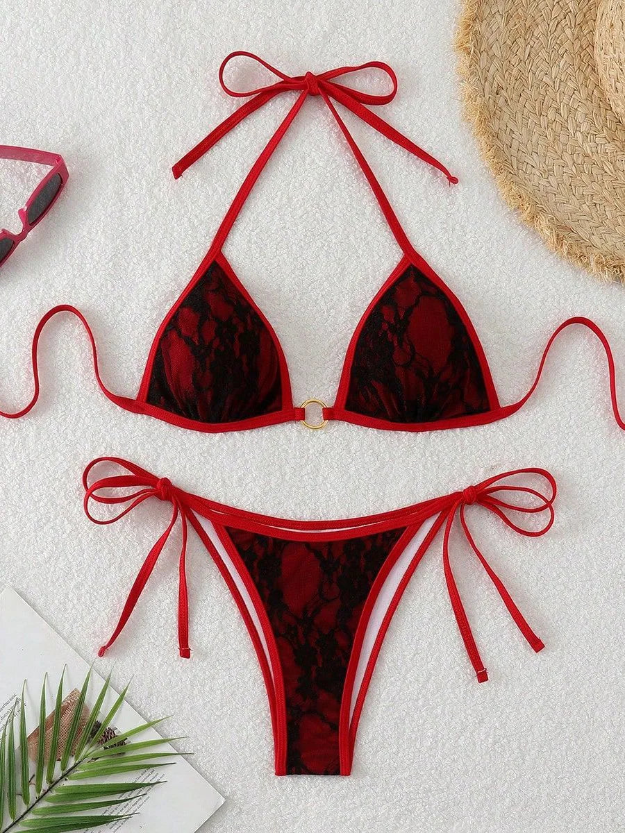 Embroidery Mesh Lace Halter Bikini