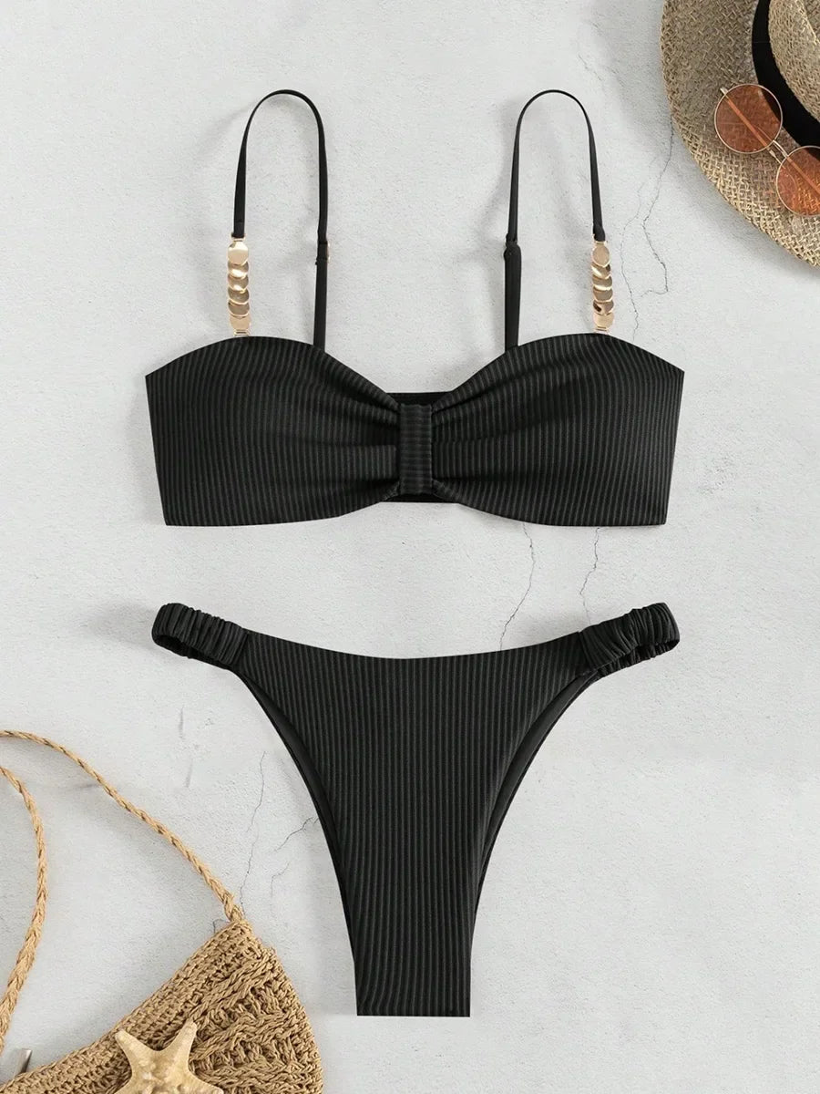 Front Knotted Metal Strap Ribbed Bikini