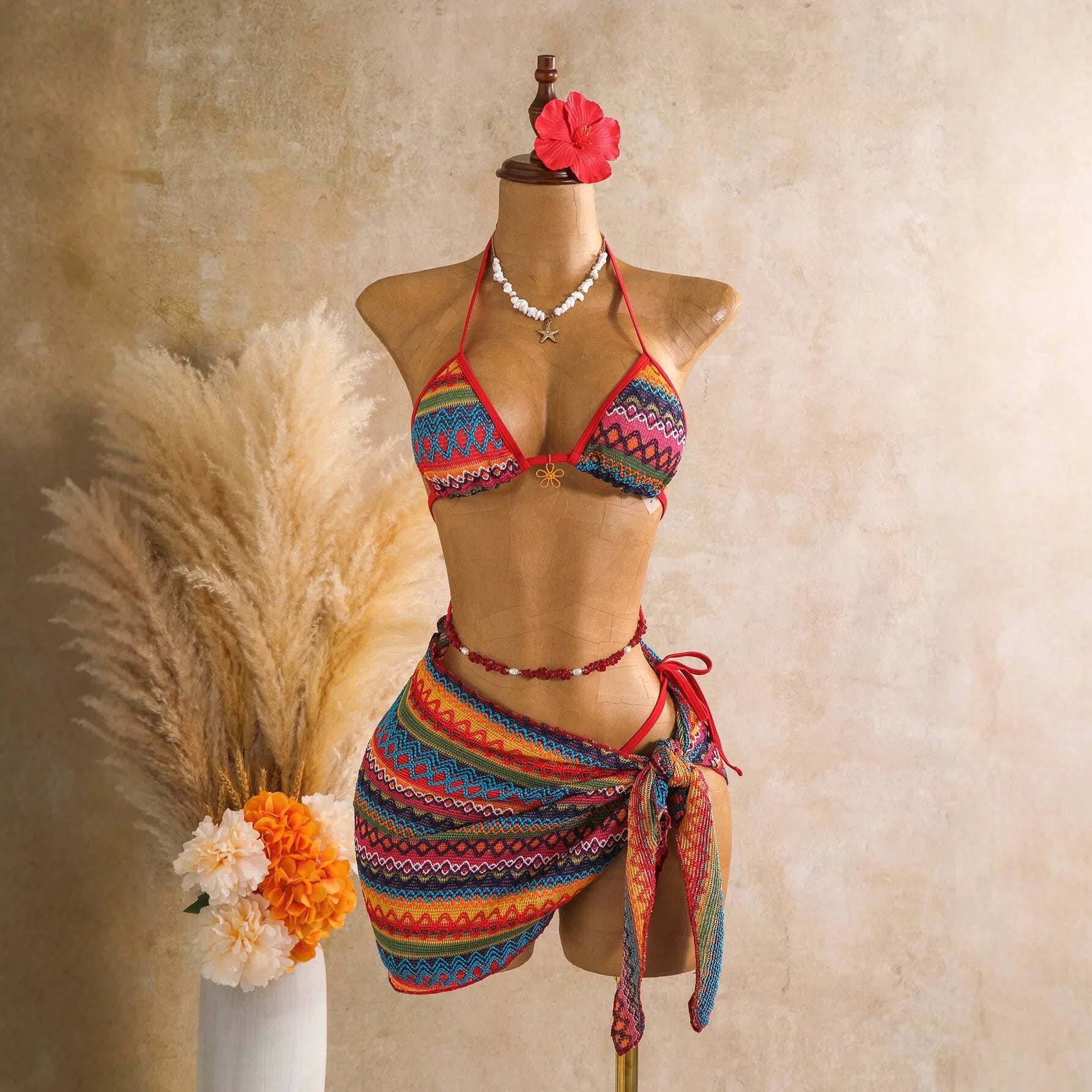 Vintage Red Striped Knitted Skirt 3 Piece Bikini Set