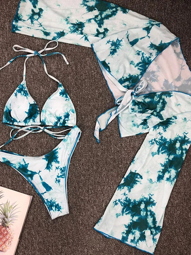Marble Printed Mesh Long Sleeve Bikini