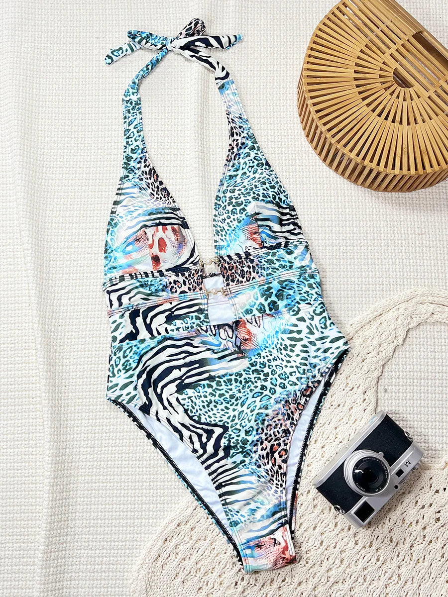 Tiger Printed Halter Deep V Neck One Piece Swimsuit