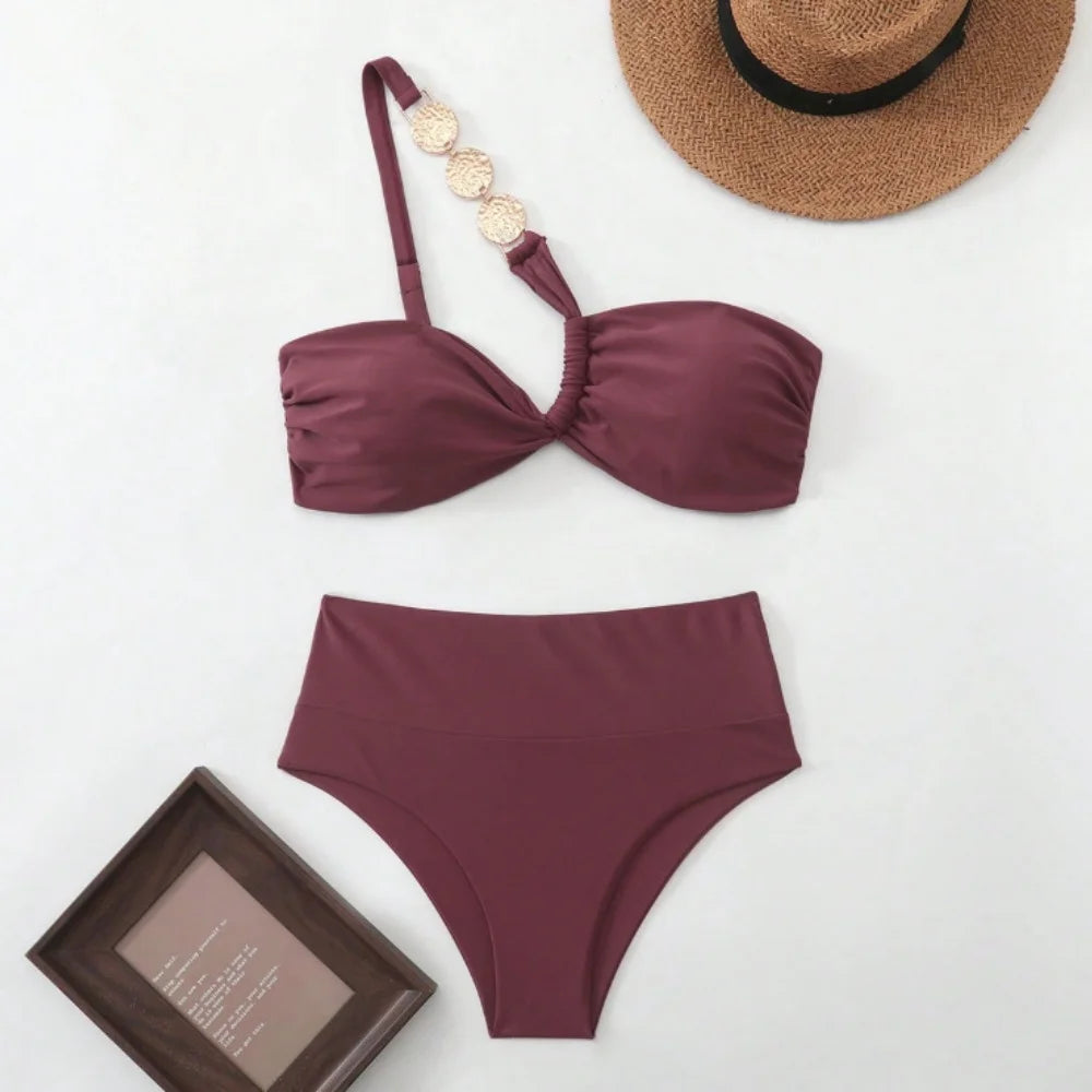 Sexy Metal Chain One Shoulder Bikini Set