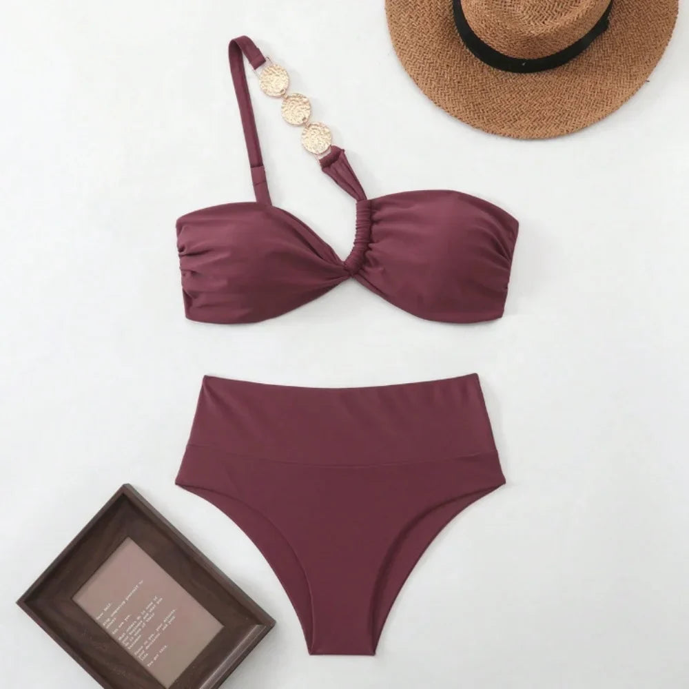 Sexy Metal Chain One Shoulder Bikini Set
