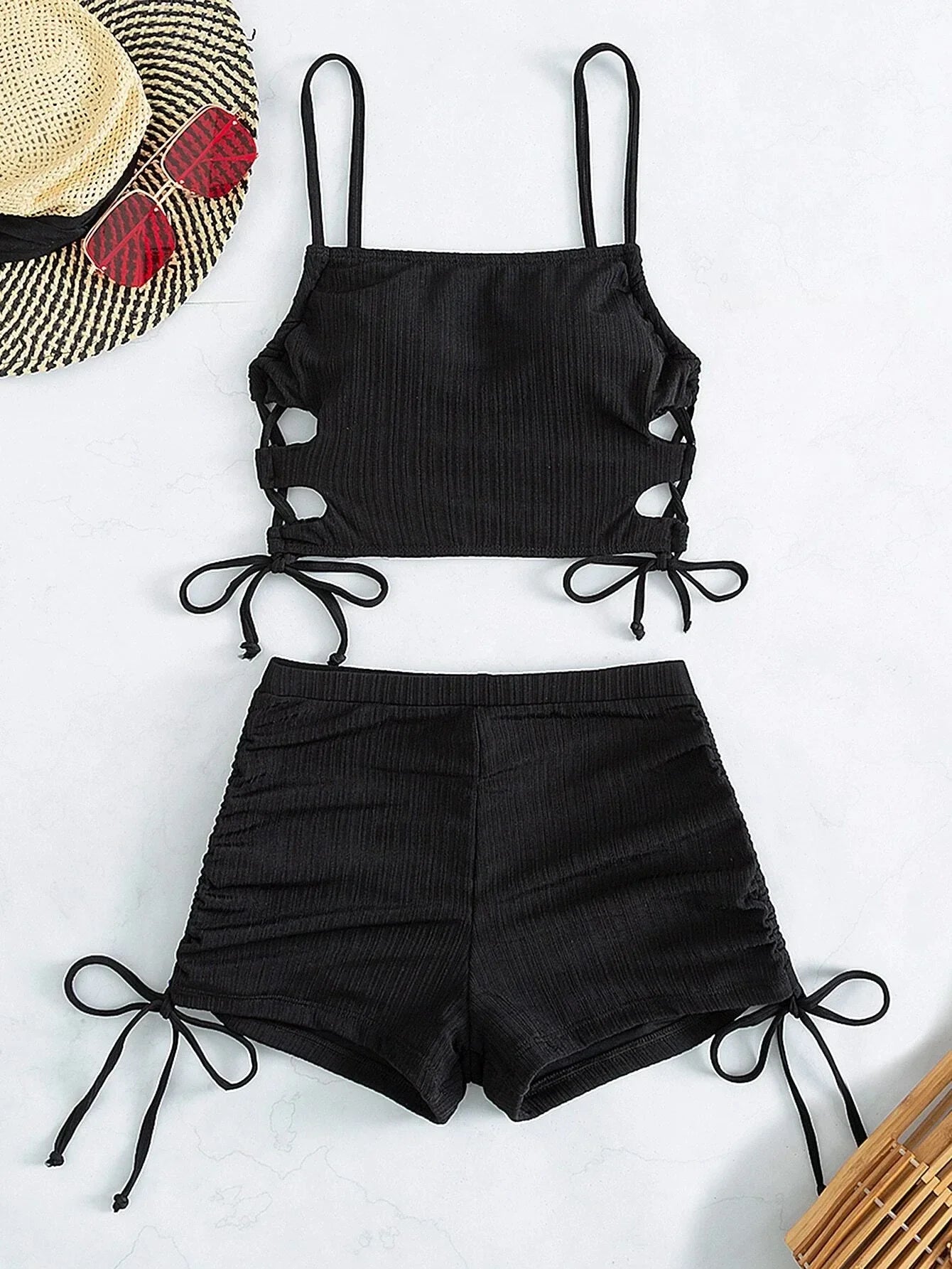 White Black Hollow Out Push Up Padded Two Piece Swimsuit