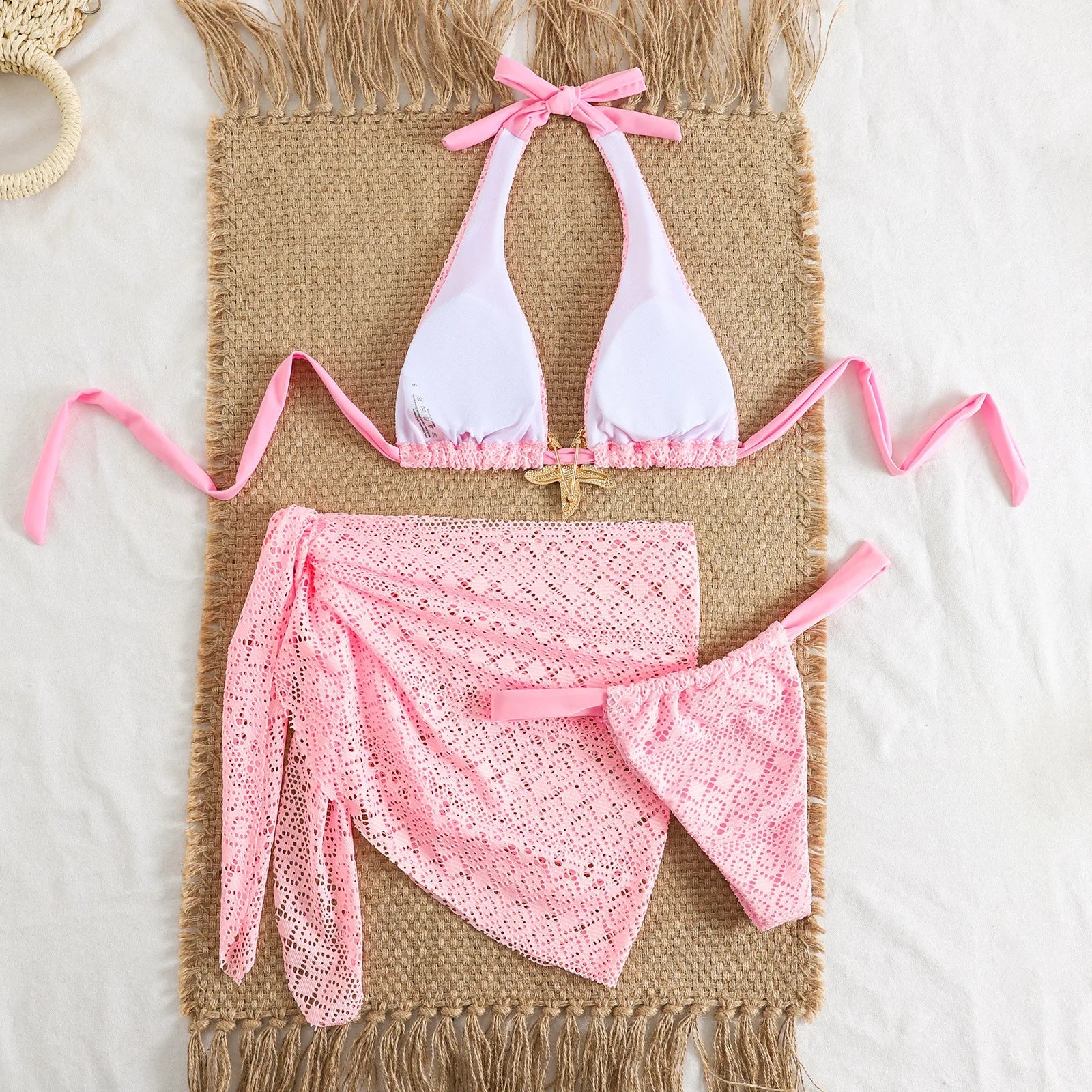 Sexy Pink Mesh Cover Up 3 Piece Bikini Set