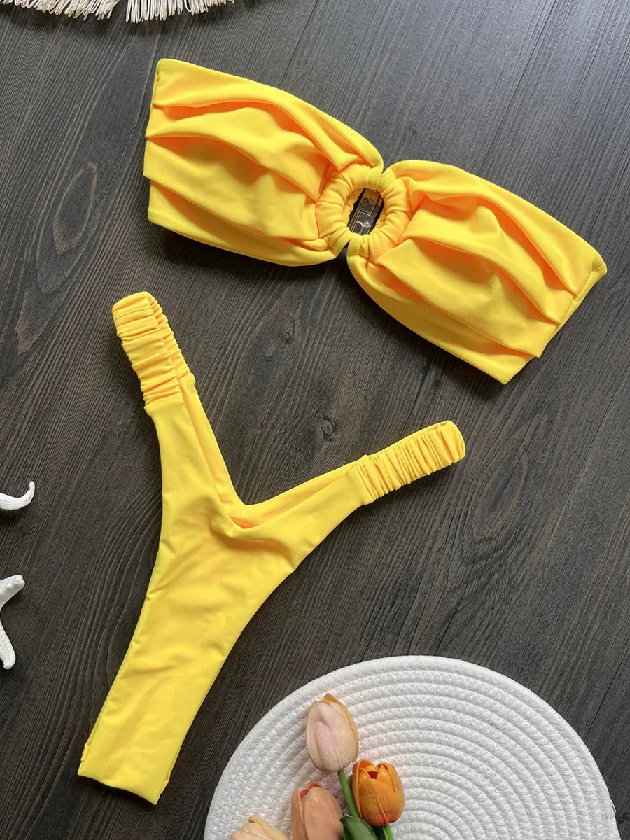 Wrinkled Bandeau High Cut Mini Thong Bikini
