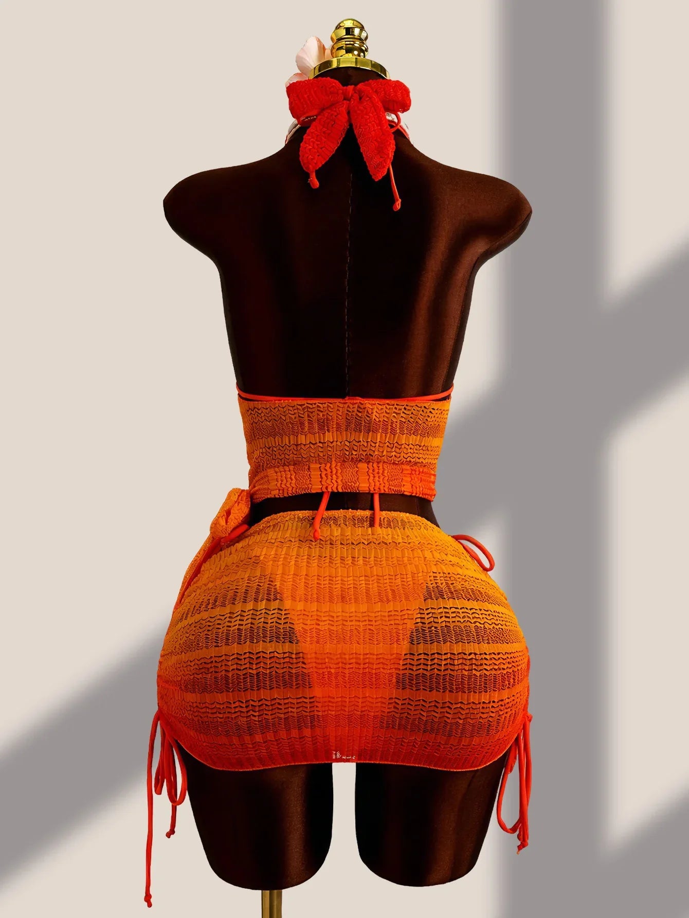 Sexy Orange Knitted Cover Up+drawstring Side Skirt 4 Piece Bikini Set