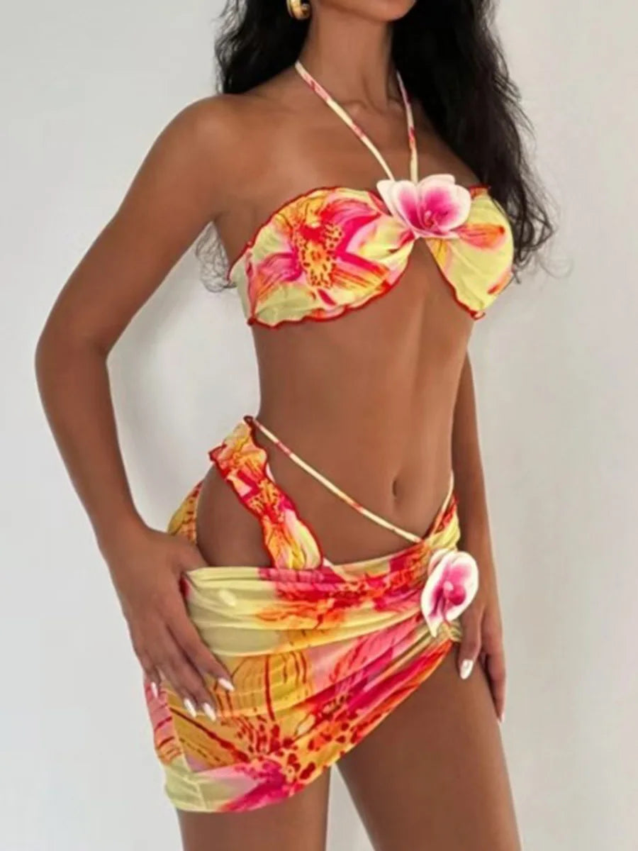 3D Flowers with Mesh Skirt Halter Bandeau Bikini