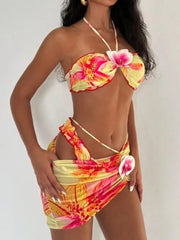 3D Flowers with Mesh Skirt Halter Bandeau Bikini