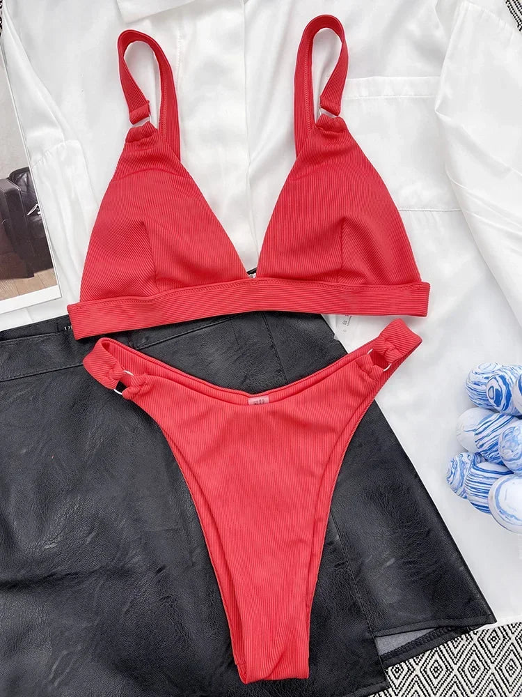 Ribbed Triangle High Cut Bikini