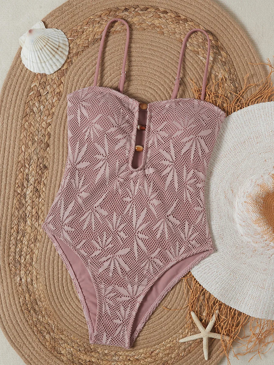 Leaves Printed Mesh Hollow Out Women Swimwear One Piece Swimsuit
