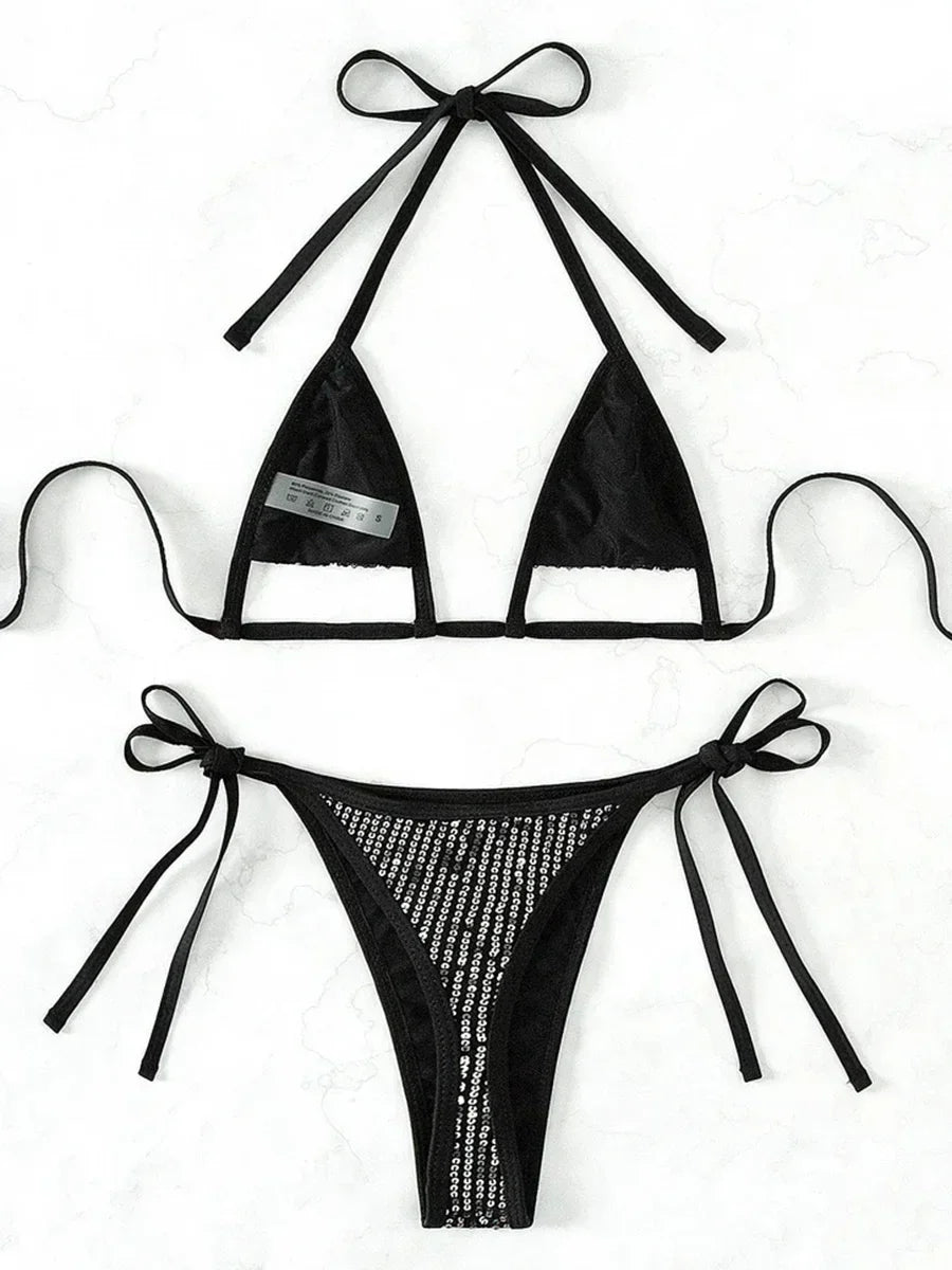 Shiny Sequins Halter Hollow Out Bikini