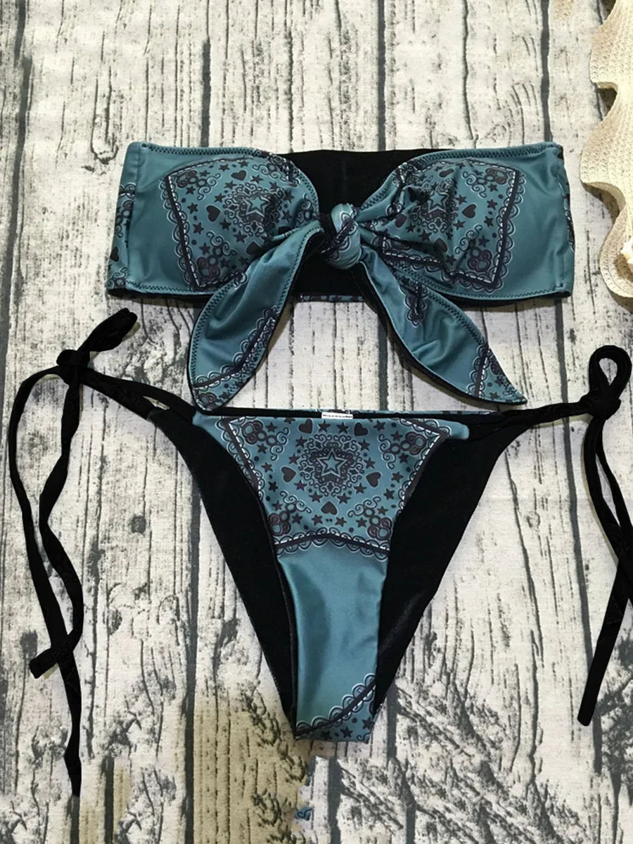 Sexy Printed Bow Knotted Bandeau Bikini