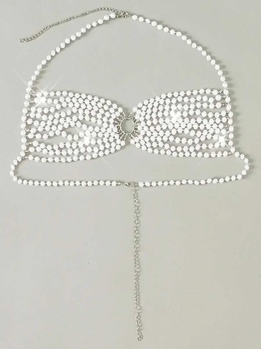 Luxury Pearls Chain Halter Hollow Out See Through Bikini