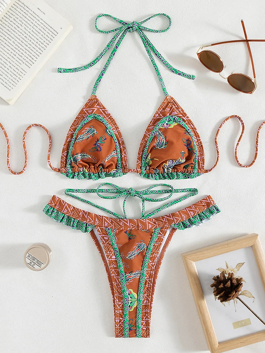 Floral Print Halter Ruffle Frilled Bikini