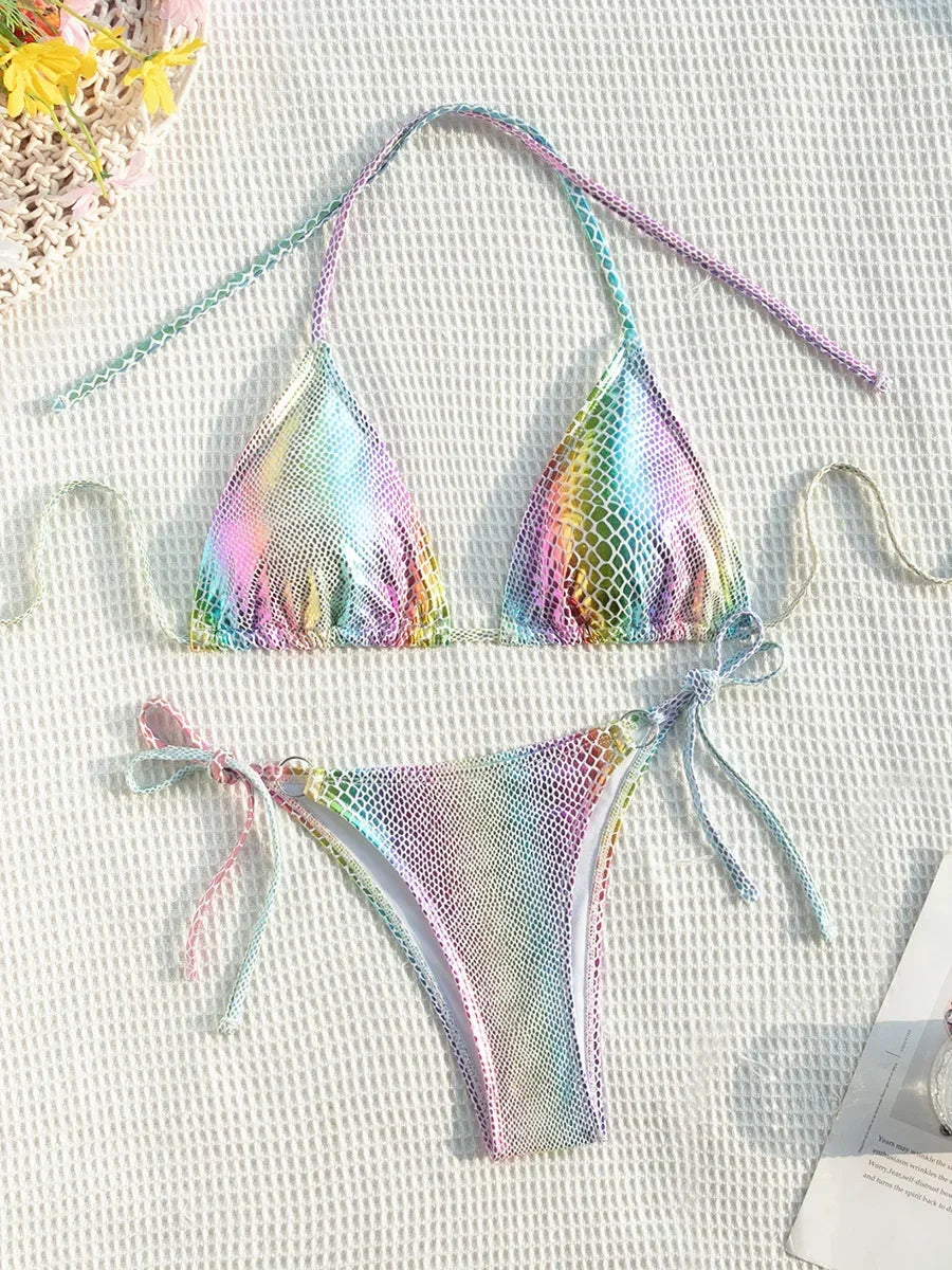 Colorful Snake Skin Halter Strappy Bikini