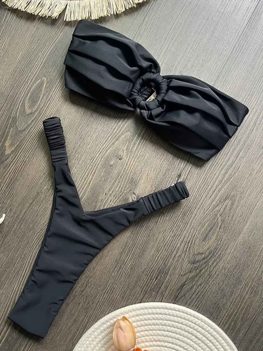Wrinkled Bandeau High Cut Mini Thong Bikini