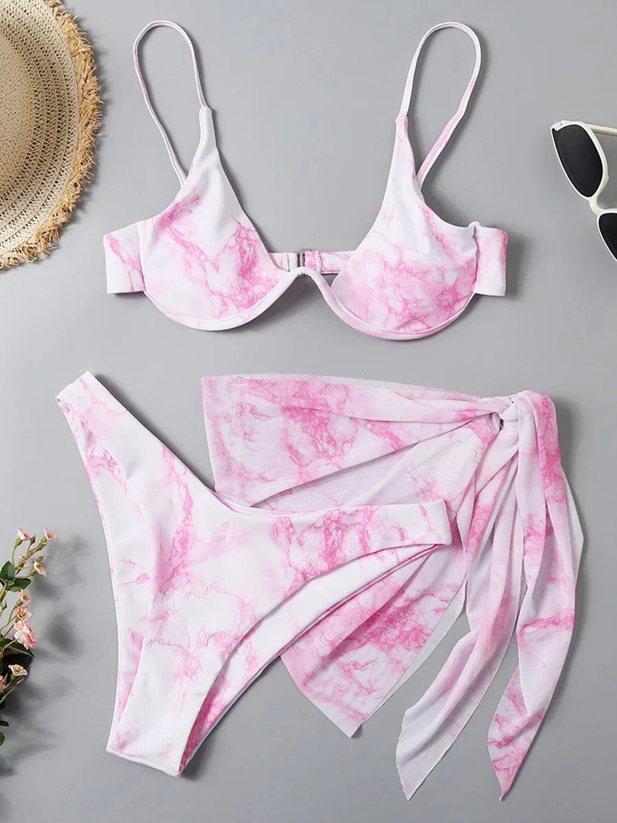 Marble Print V-Bar Underwired Bikini