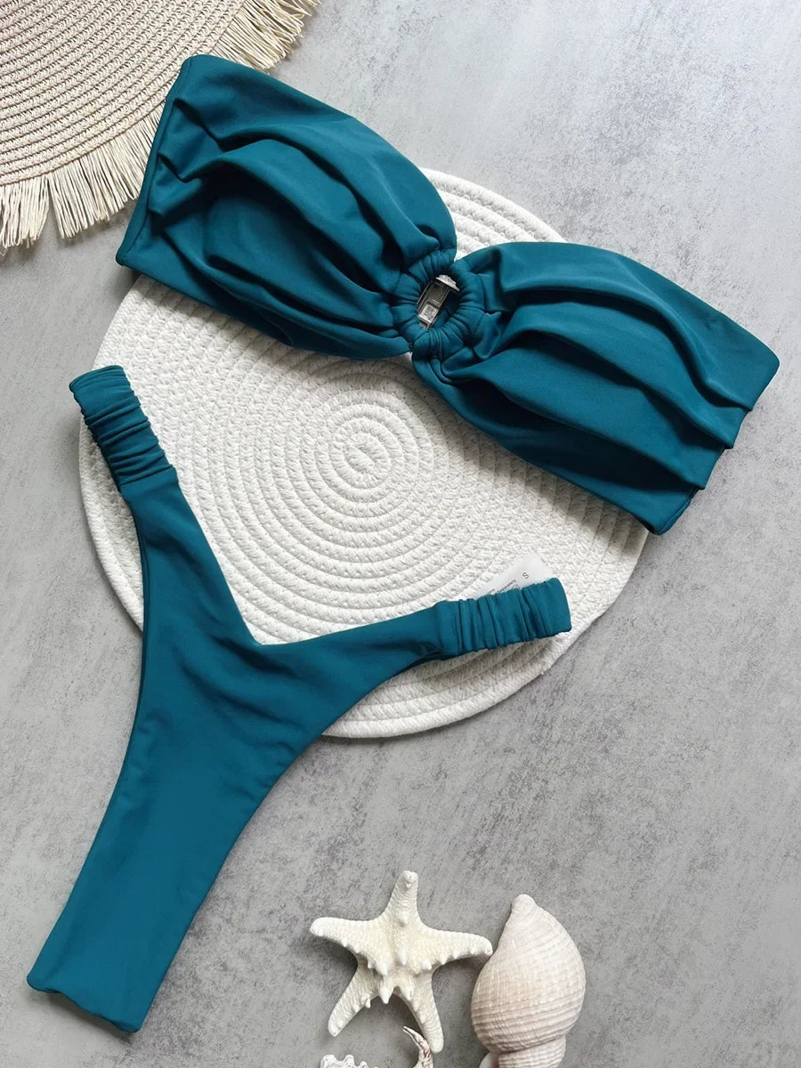 Wrinkled Bandeau High Cut Mini Thong Bikini