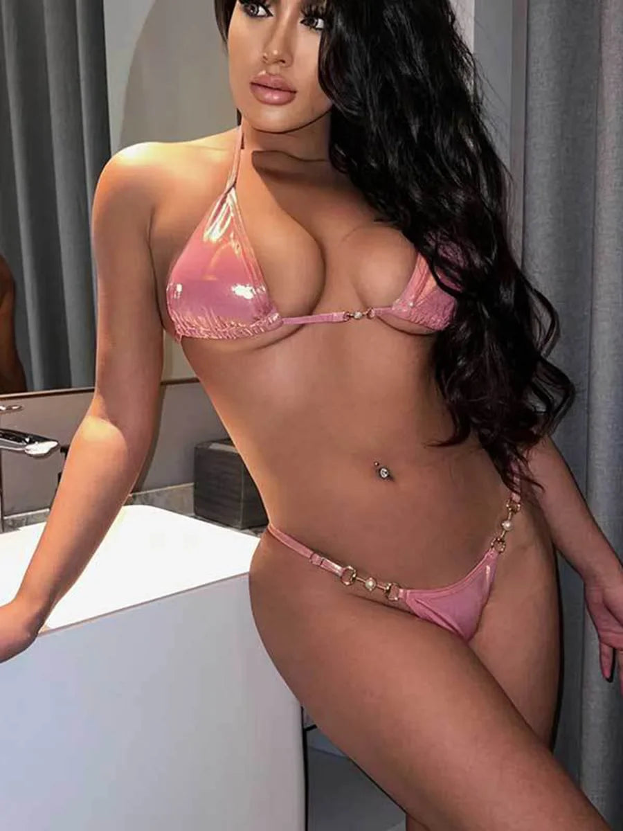 PU Leather Pearls Bikini