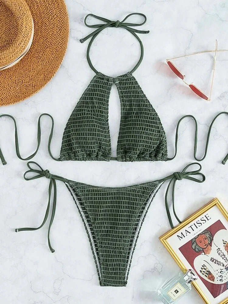 Halter Tie Side Hollow Out Smocked Bikini