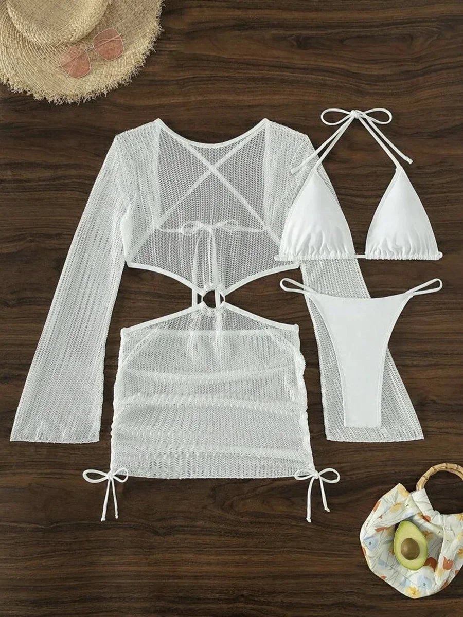 Mesh Sheer Long Sleeve Cover-Up Micro Bikini
