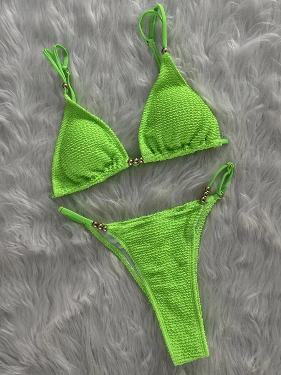 Wrinkled Pleated High Cut Brazilian Bikini