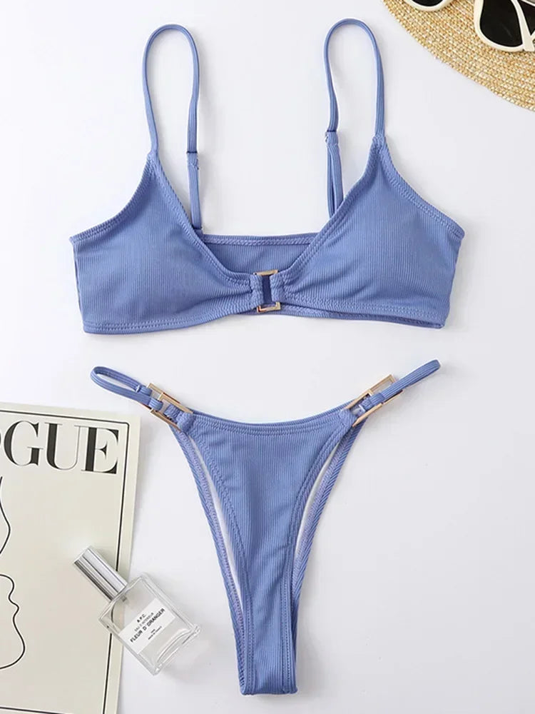Sexy Ribbed Metal Rings High Cut Bikini