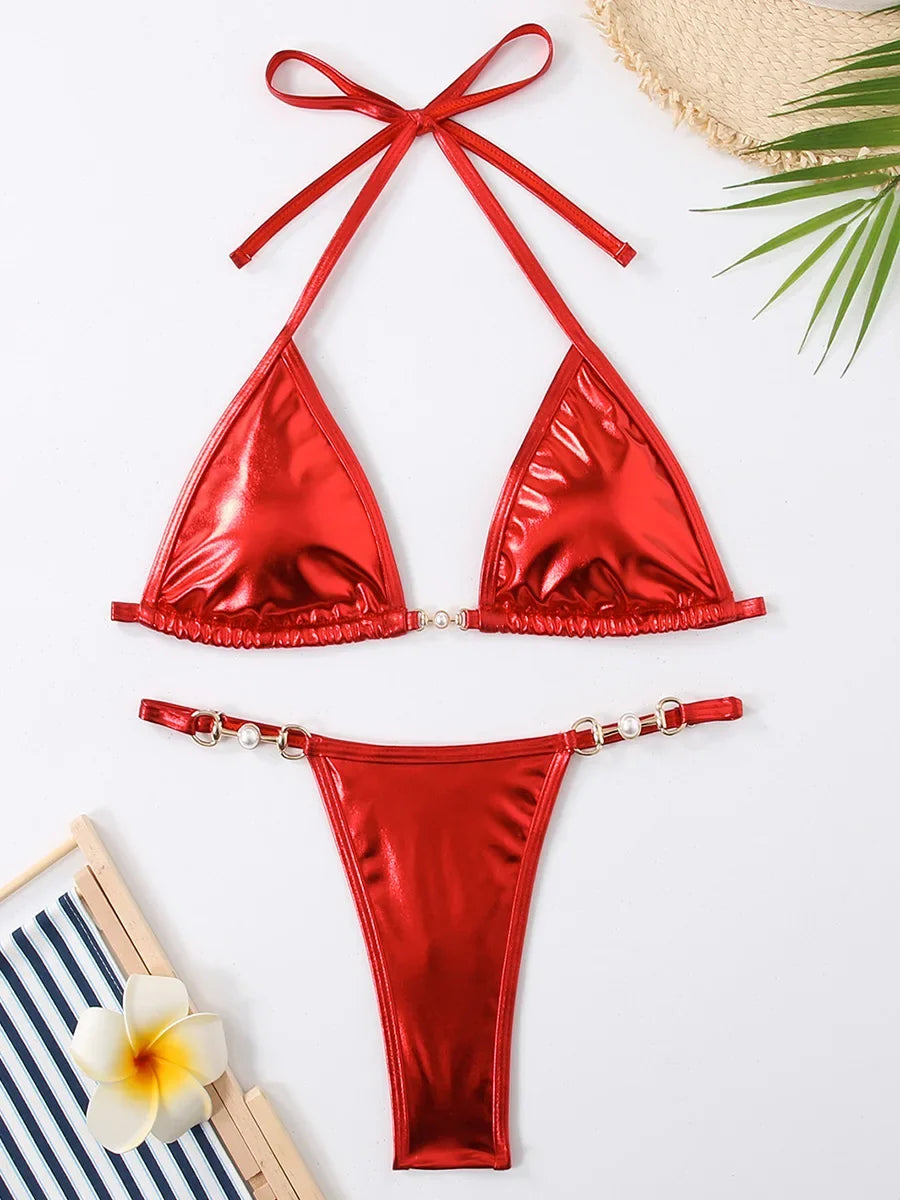 PU Leather Pearls Bikini