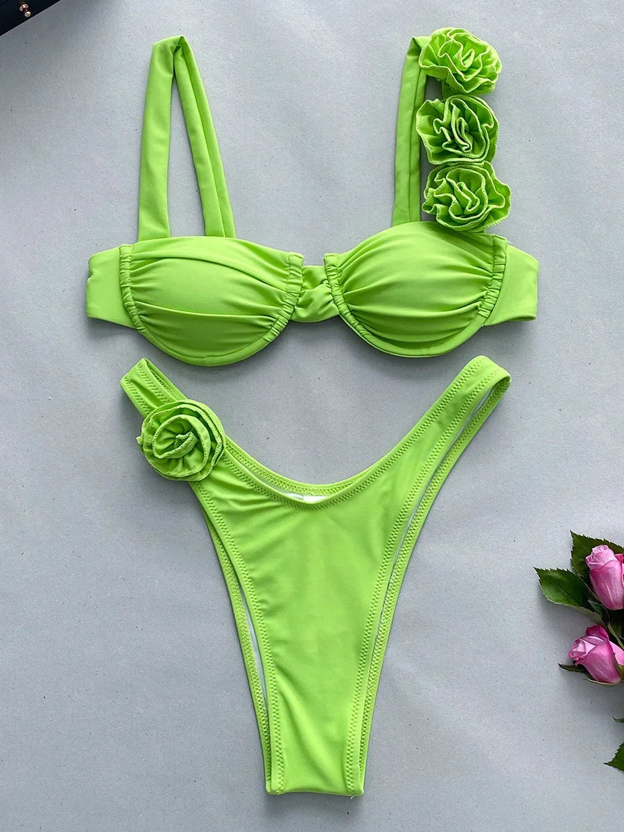 Sexy 3D Flowers Underwired Brazilian Bikini
